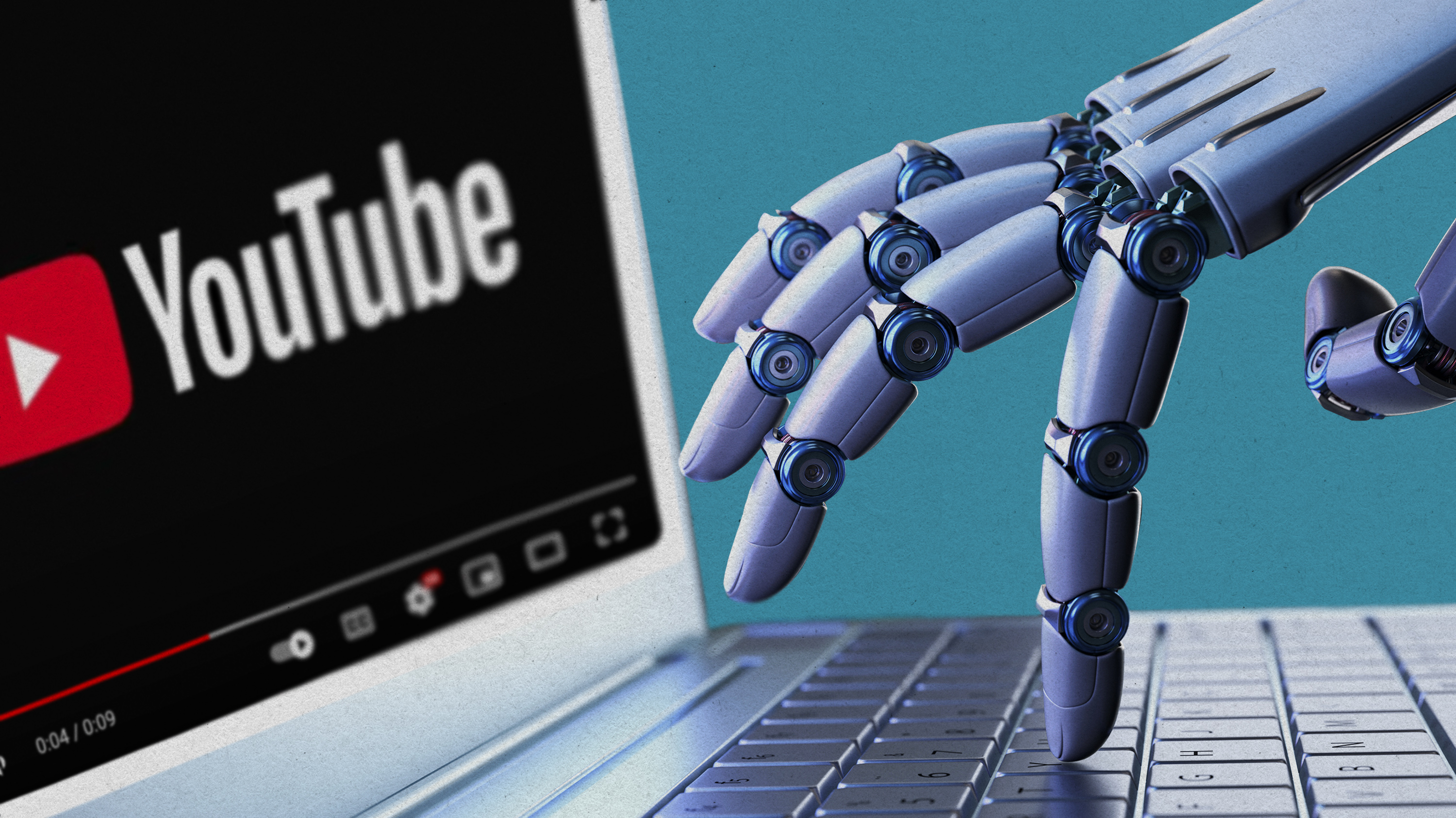 Photo Illustration showing a robotic hand using laptop, watching YouTube