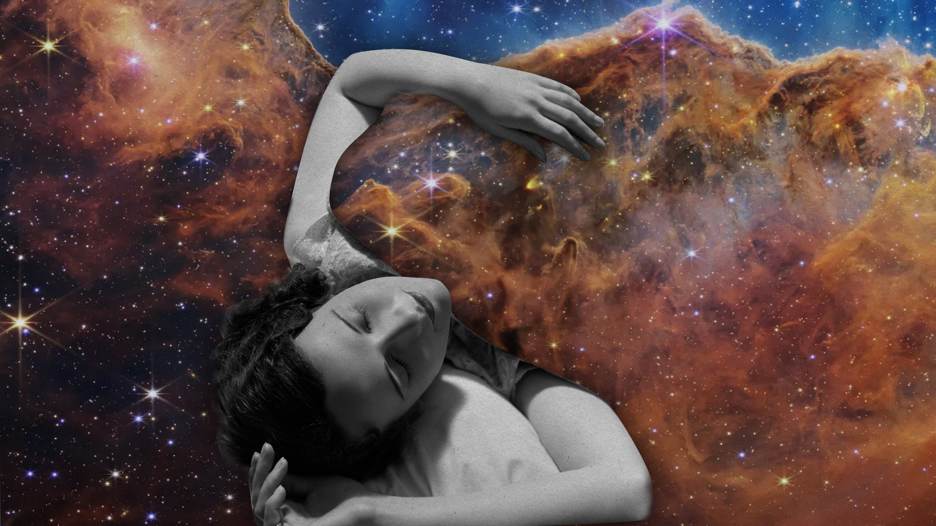 woman with eyes closed in a blanket of nebula