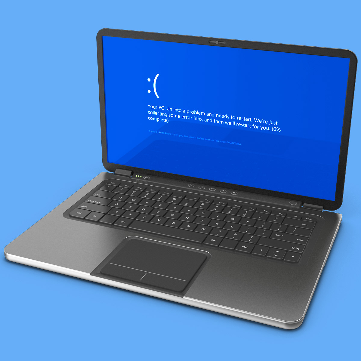 a laptop with the "Your PC ran into a problem" blue screen error