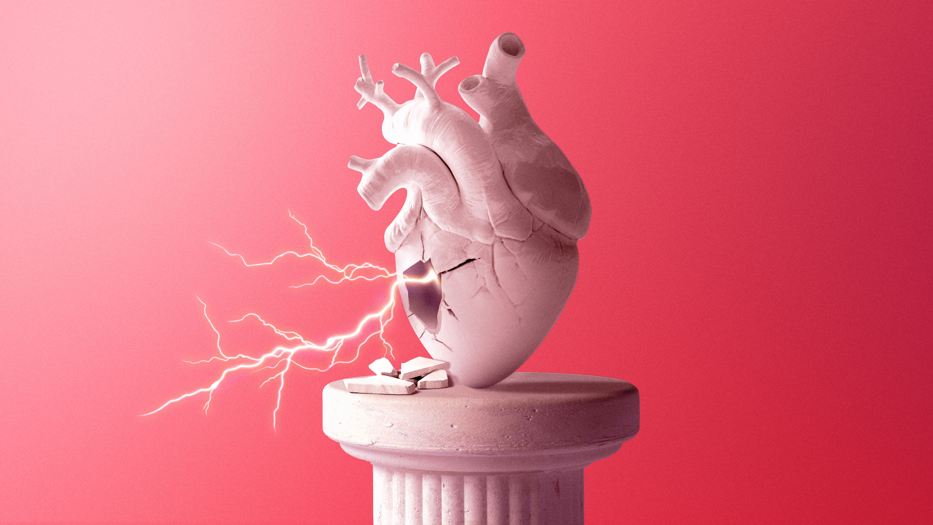 lightning bursts from a marble heart on a Greek plinth