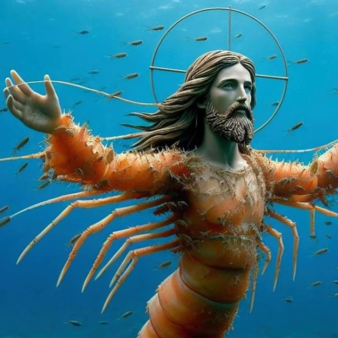 ai-generated image of a representation of Jesus with outspread arms and body composed of shrimp parts