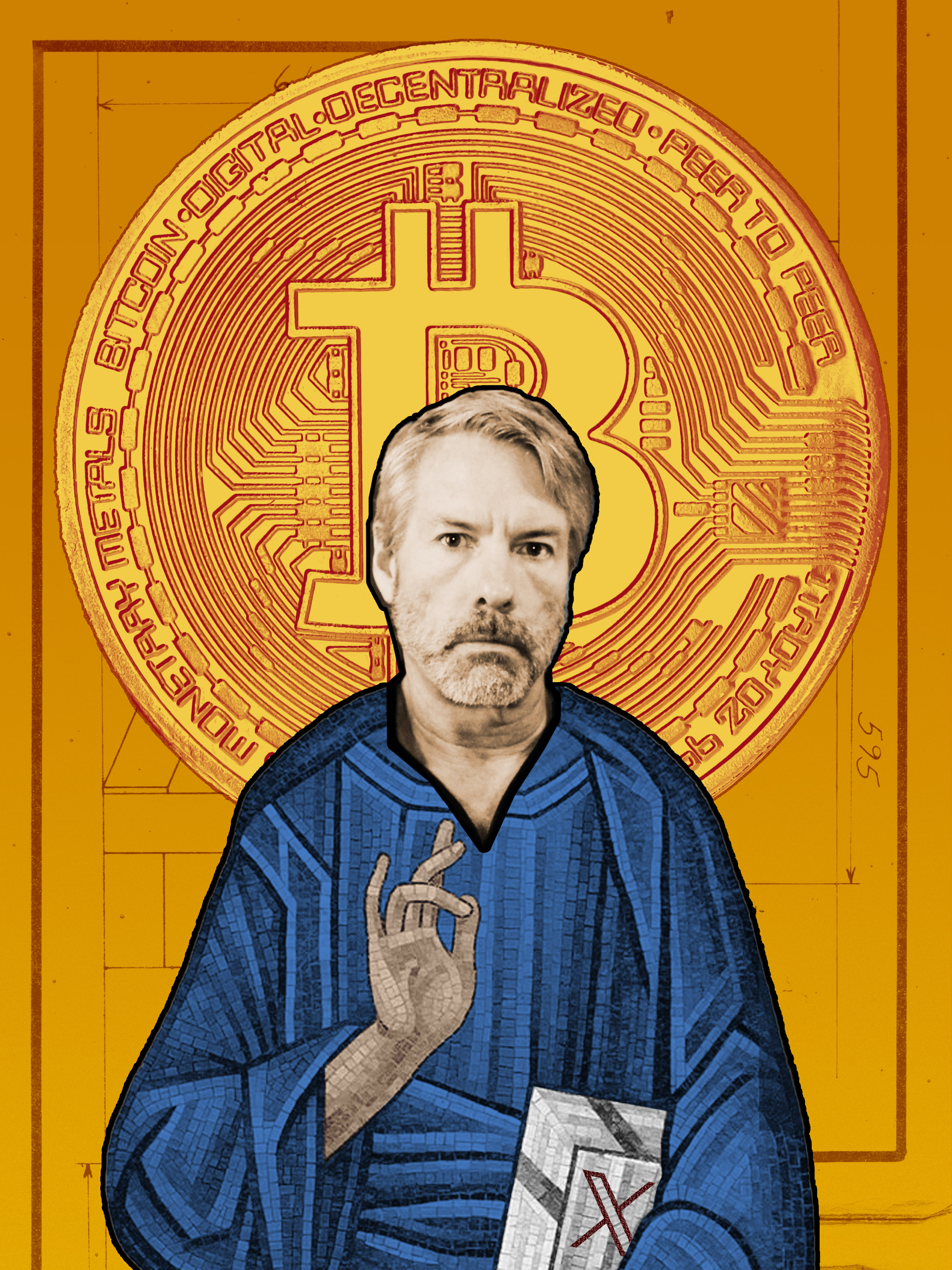 Michael Saylor portrayed in the style of a religious icon with a gilt Bitcoin symbol mosaic behind his head