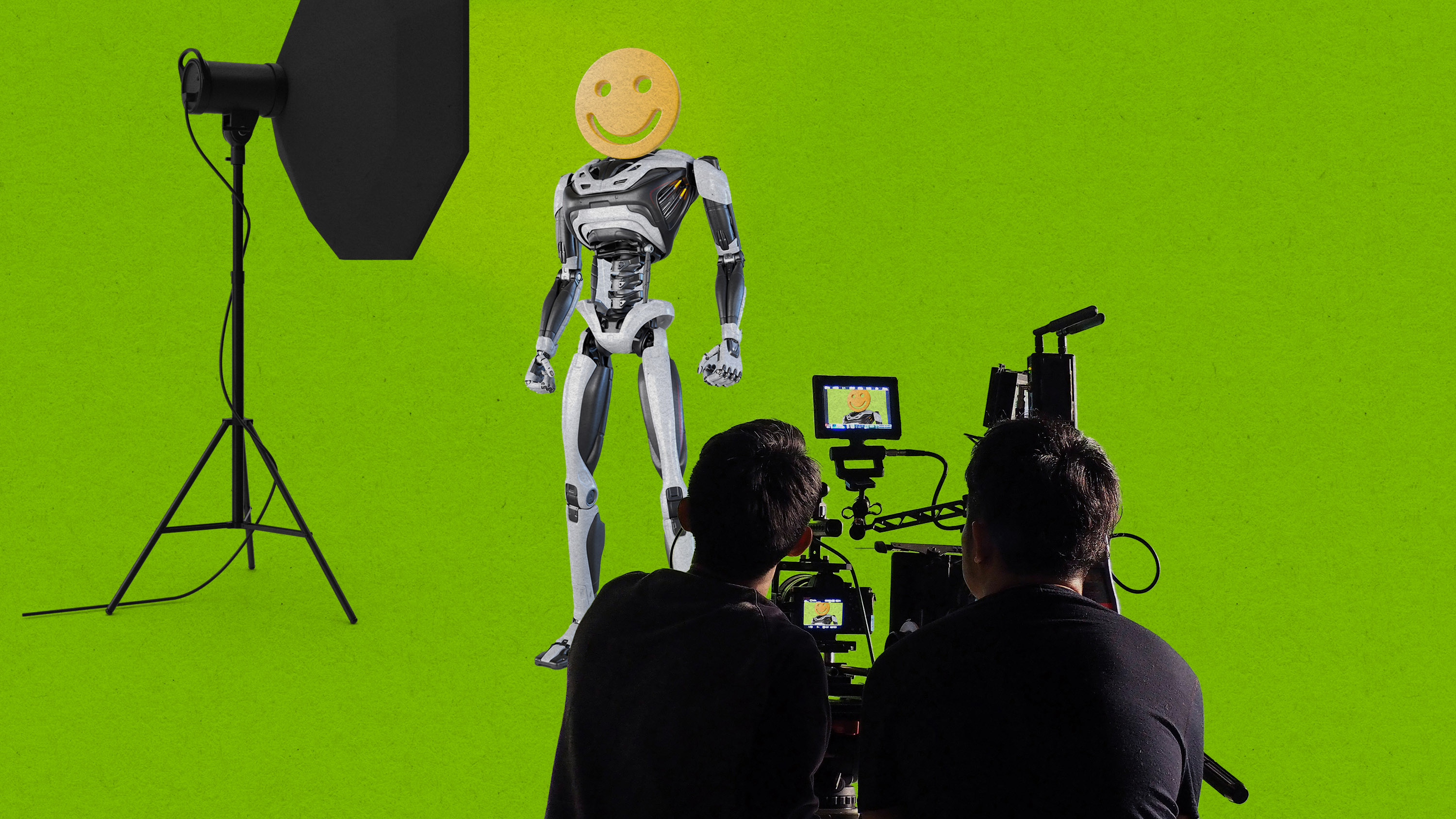 a humanoid robot with a smiley face head on a green screen video set