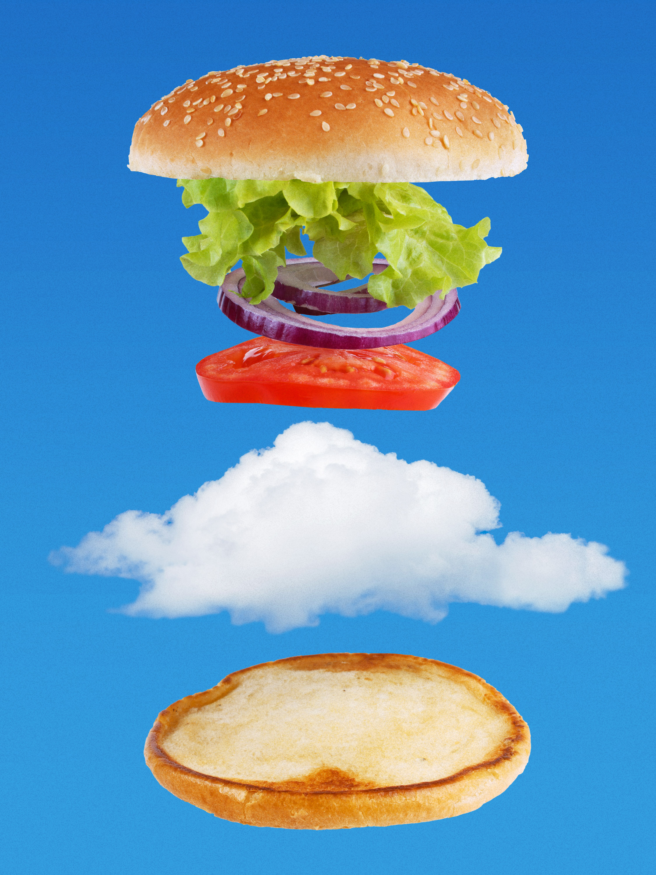 Exploded view of a burger bun with lettuce, tomato, onion and a cloud floating in a blue sky