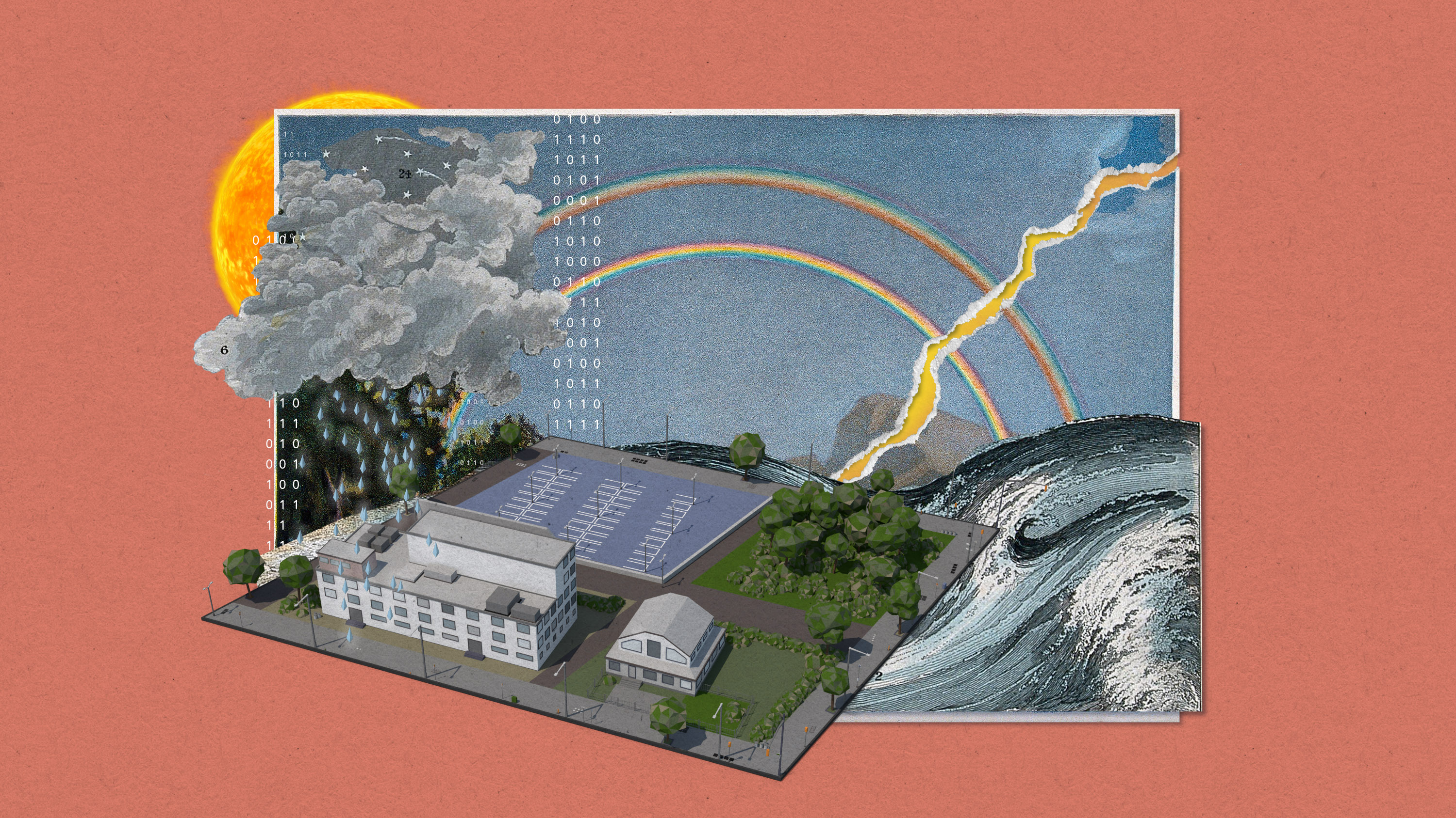 Artificial intelligence used to influence weather conditions drastically with rain, floods, extreme heat, and double rainbows resulting.